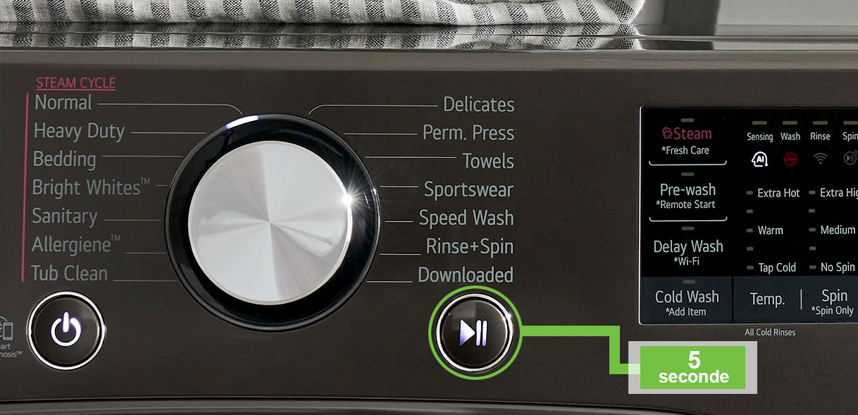 LG wasmachine bedieningspaneel met aanduiding om knoppen 5 seconden ingedrukt te houden voor reset