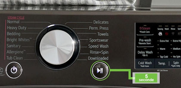 LG wasmachine bedieningspaneel met aanduiding om knoppen 5 seconden ingedrukt te houden voor reset