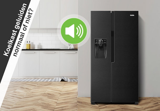 Zwarte Amerikaanse koelkast in moderne keuken met geluidsicoon.