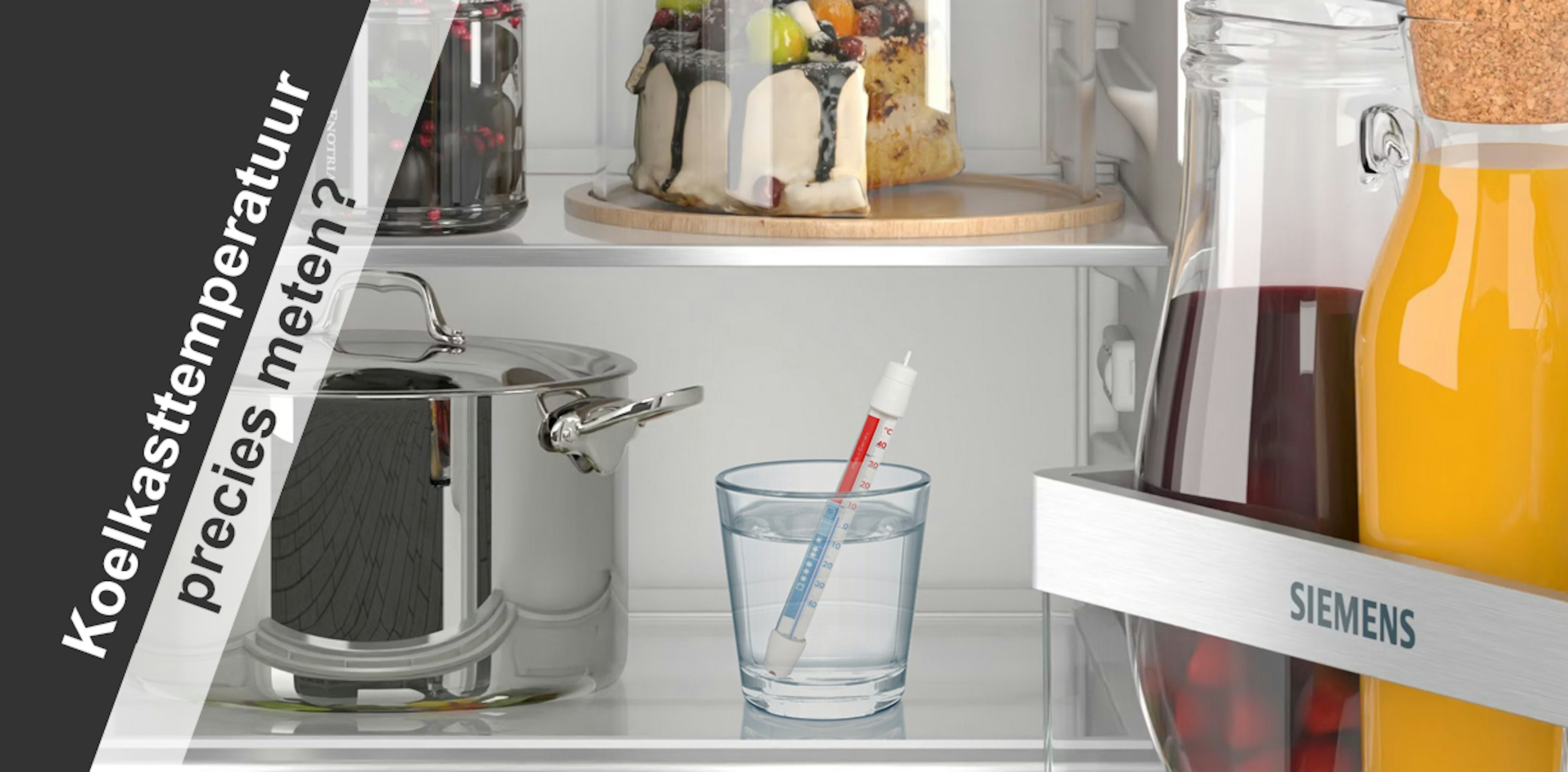 De juiste koelkast temperatuur meten doe je met een thermometer in een glas water.