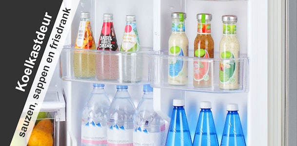 De koelkastdeur indelen doe je met sauzen, sappen en frisdrank.