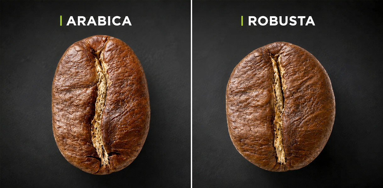 Arabica koffieboon en Robusta koffieboon naast elkaar met verschil in vorm zichtbaar