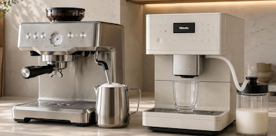 Koffiemachine met stoompijpje naast een Miele koffiemachine met geïntegreerd melksysteem