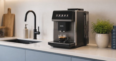 Siemens volautomatische koffiemachine met touchscreen en vijf drankkeuzes zet een espresso in een moderne keuken