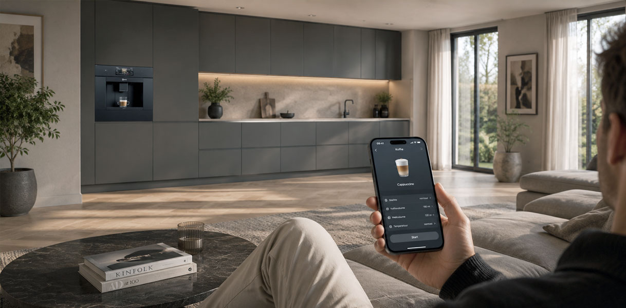 Hand met telefoon die een volautomatische koffiemachine bedient via de Home Connect app in de keuken