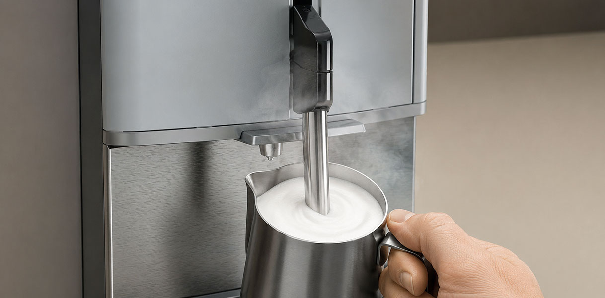 Melkpijpje van een koffiemachine dat melk opschuimt in een kannetje voor cappuccino