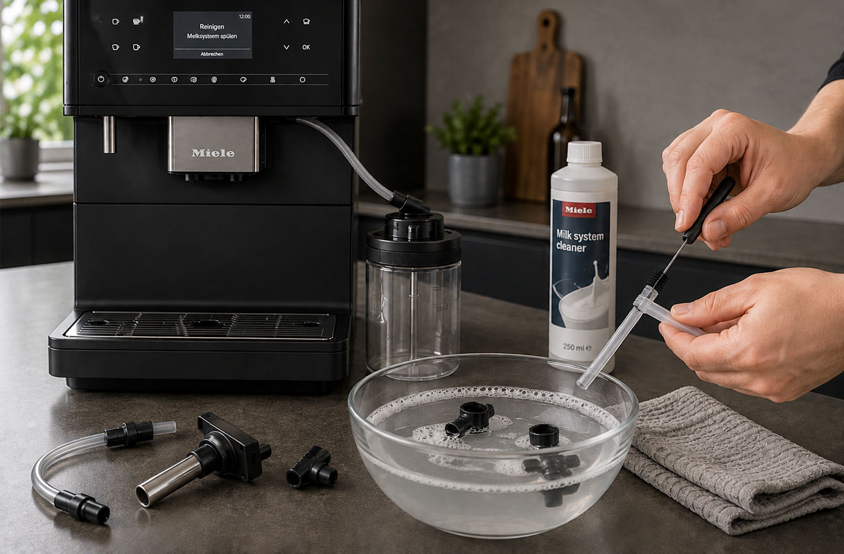 Melksysteem van een koffiemachine schoonmaken met reiniger en een borsteltje