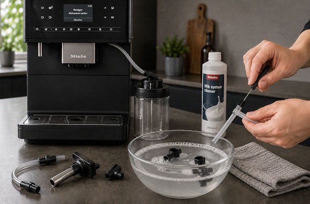 Melksysteem van een koffiemachine schoonmaken met reiniger en een borsteltje