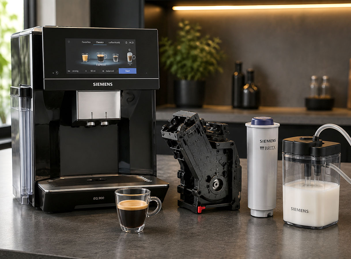 Siemens volautomatische koffiemachine met uitneembare zetgroep, waterfilter en melksysteem voor eenvoudig onderhoud