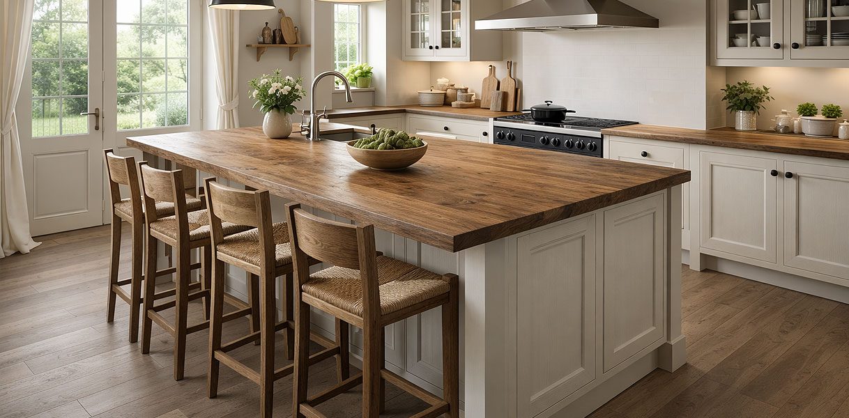 Landelijke keuken met kookeiland en dik houten werkblad, houten barkrukken en klassieke fronten