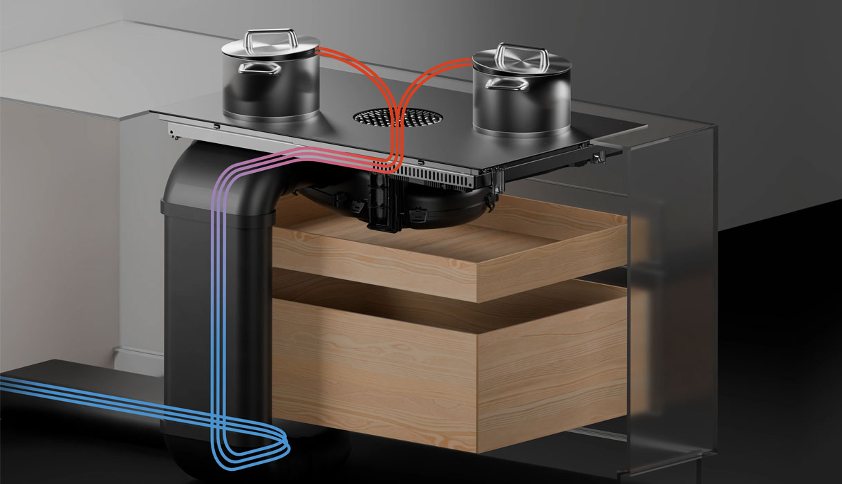 Schema van kookplaat met afzuiging waarbij kookdampen via een afvoerbuis direct naar buiten worden afgevoerd.