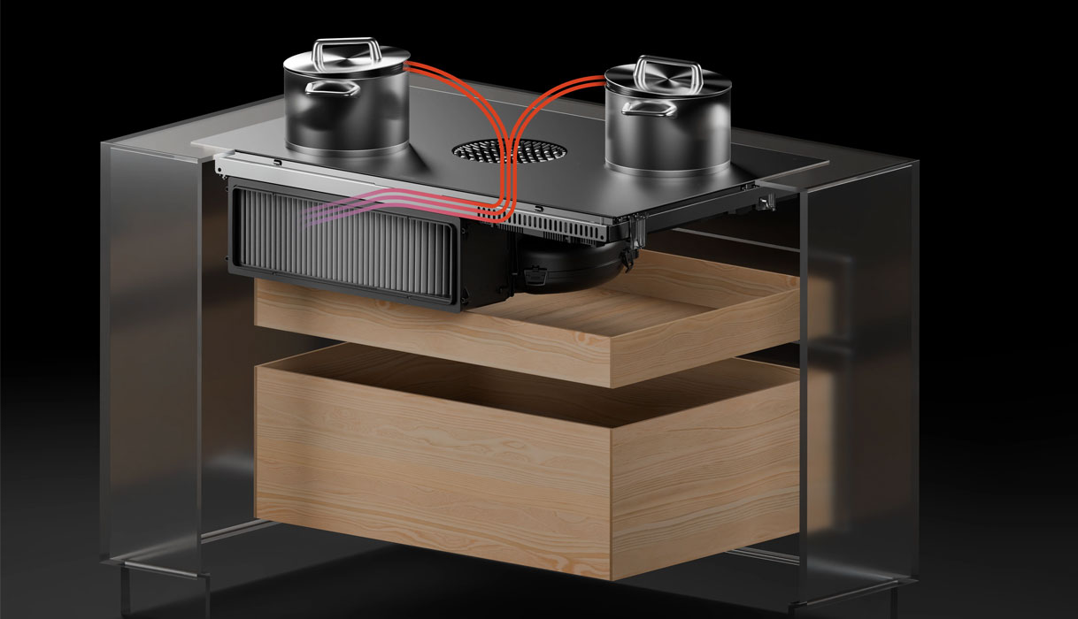 Schema van kookplaat met recirculatie-afzuiging waarbij kookdampen door een koolstoffilter worden gezuiverd en terug de keuken in worden geblazen.