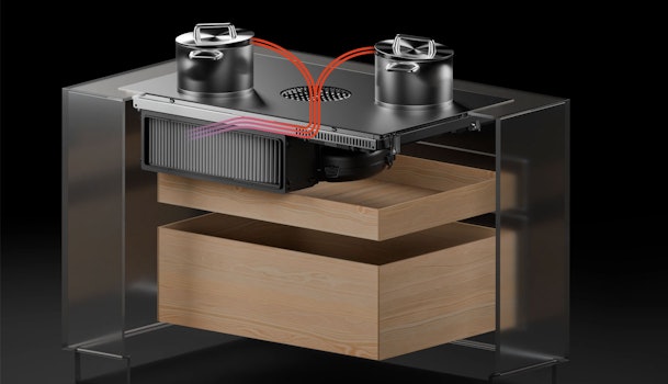 Schema van kookplaat met recirculatie-afzuiging waarbij kookdampen door een koolstoffilter worden gezuiverd en terug de keuken in worden geblazen.
