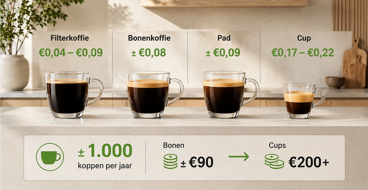 Infographic vergelijkt de prijs per kop koffie voor filterkoffie bonenkoffie pads en cups