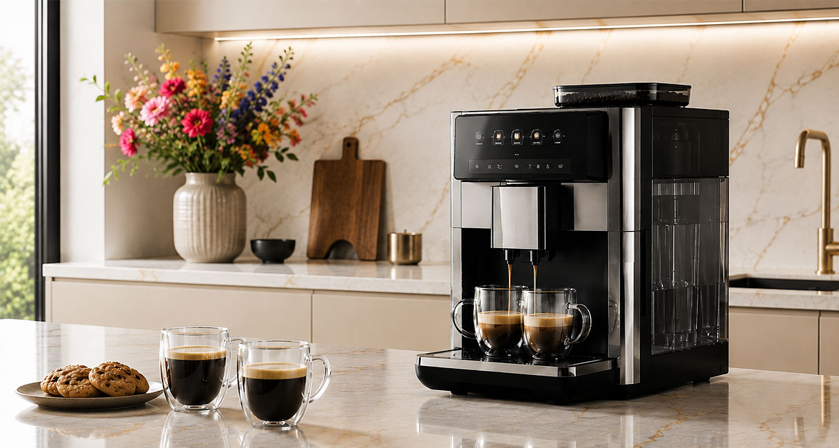 Volautomatische koffiemachine zet twee kopjes koffie tegelijk op een marmeren keukenblad