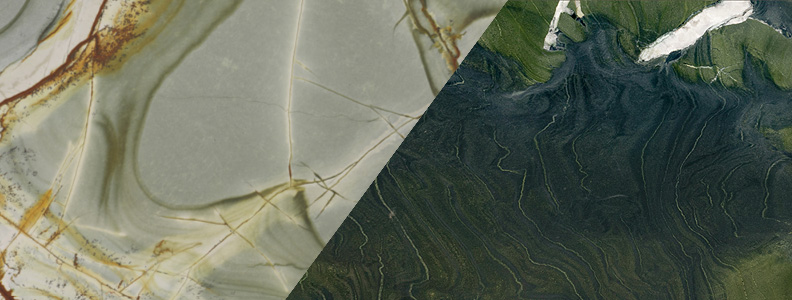 Close-up van twee luxe kwartsiet keukenbladen met natuurlijke aders en groene kleurnuances