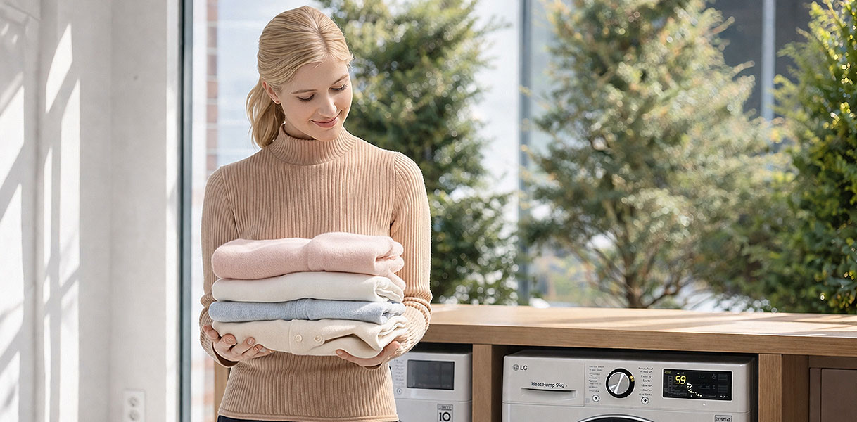 Vrouw houdt zachte gevouwen truien vast naast LG warmtepompdroger voor zachter drogen op lage temperatuur