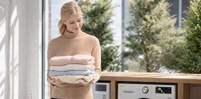 Vrouw houdt zachte gevouwen truien vast naast LG warmtepompdroger voor zachter drogen op lage temperatuur