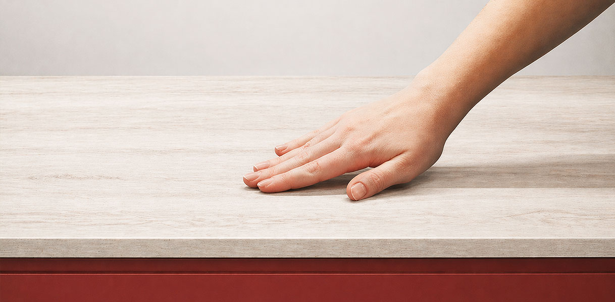 Hand voelt over laminaat werkblad in lichte houtlook met fijne nerf