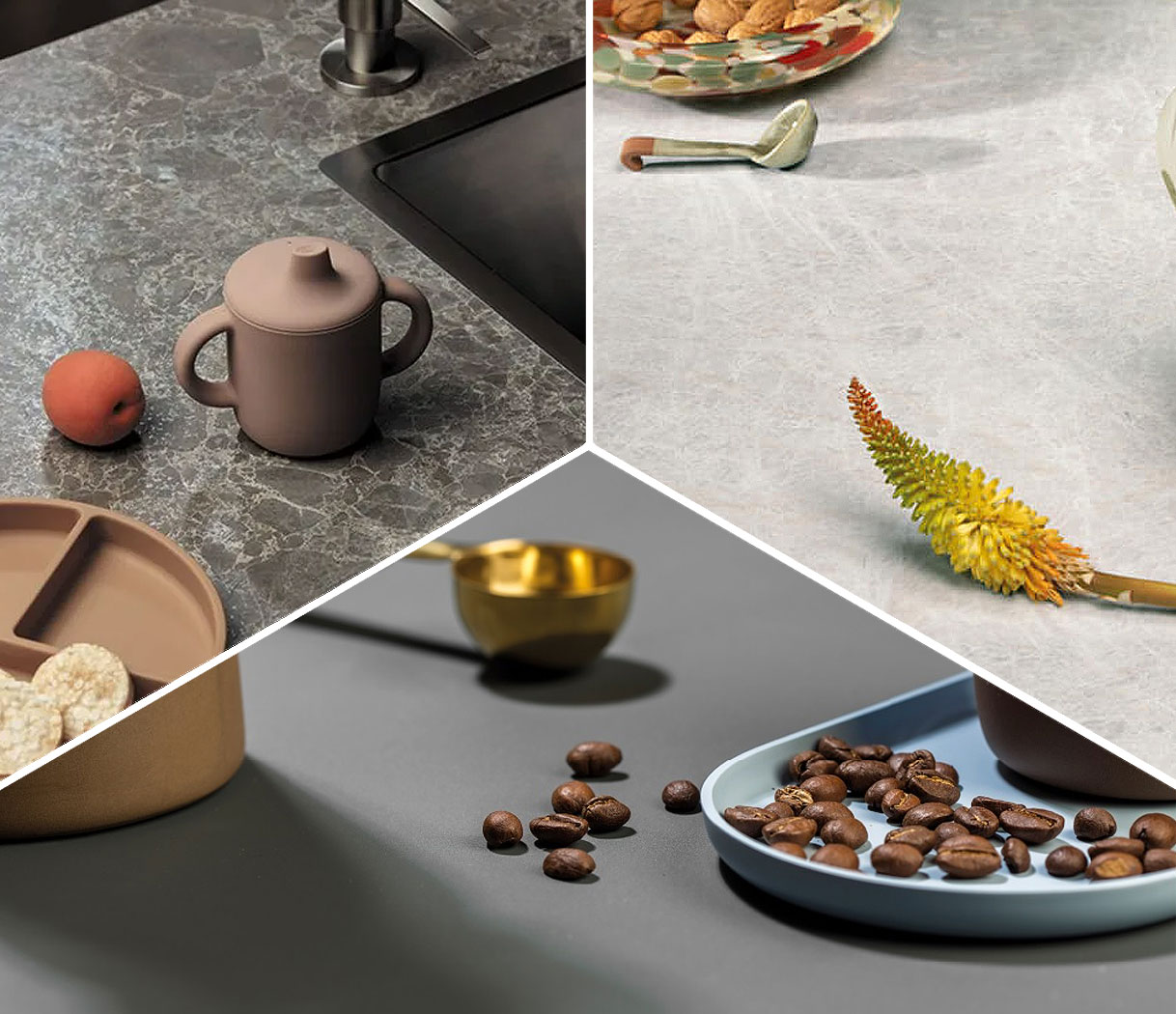 Verschillende Greengridz keukenbladen met matte, steenlook en structuur afwerkingen in diverse kleuren