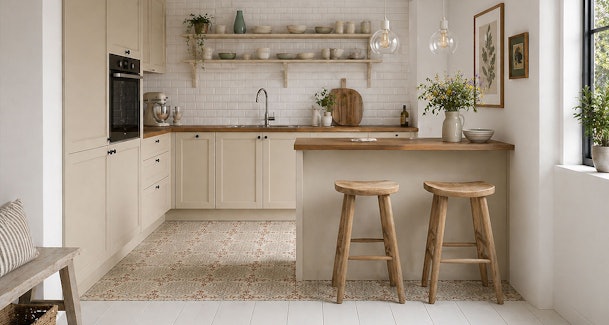 Landelijke schiereiland keuken met houten werkblad, kaderdeuren en houten barkrukken aan de bar