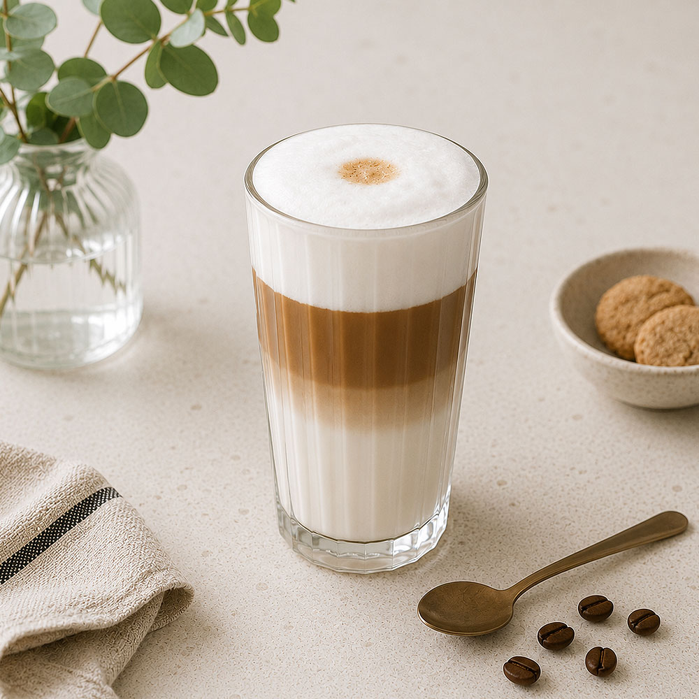Latte macchiato in een hoog glas met drie zichtbare lagen