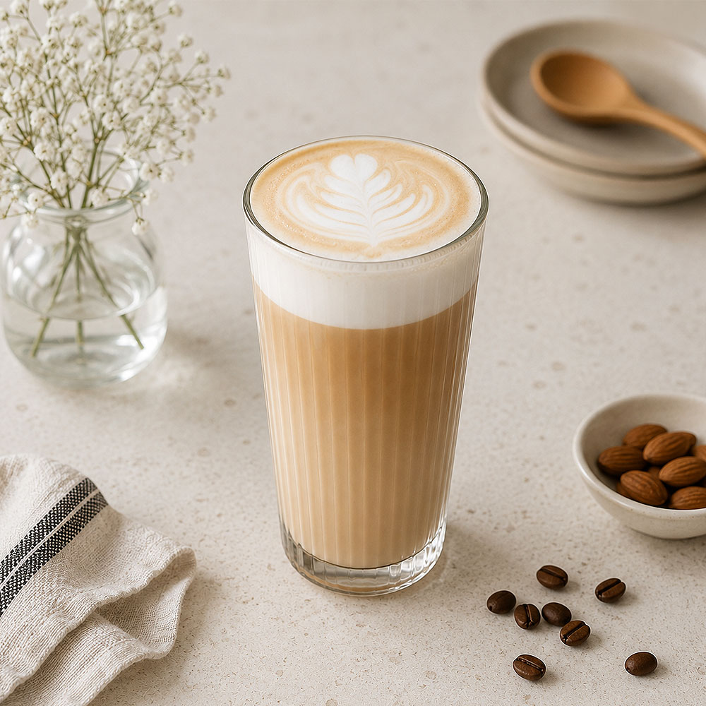 Latte in een hoog glas met espresso en veel melk