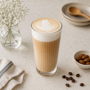 Latte in een hoog glas met espresso en veel melk