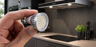 Hand houdt een led-spot met fitting vast voor een afzuigkap met ingebouwde verlichting