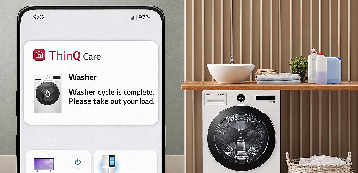 LG ThinQ Care app met melding dat de wasbeurt klaar is naast een LG wasmachine in wasruimte