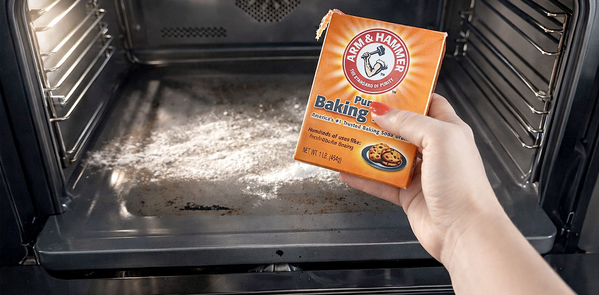 Hand met een doos baking soda bij een oven als effectief middel tegen hardnekkige vlekken en vieze luchtjes
