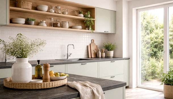 Lichte Scandinavische keuken met crème fronten, houten plank en donker werkblad
