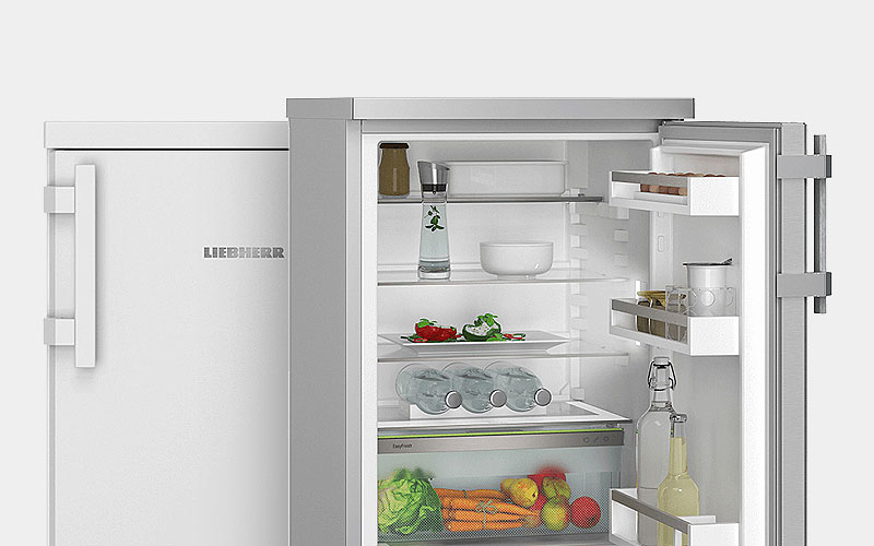 Liebherr tafelmodel koelkast met verstelbare glasplateaus, ruime groentelade en energiezuinige koeling.