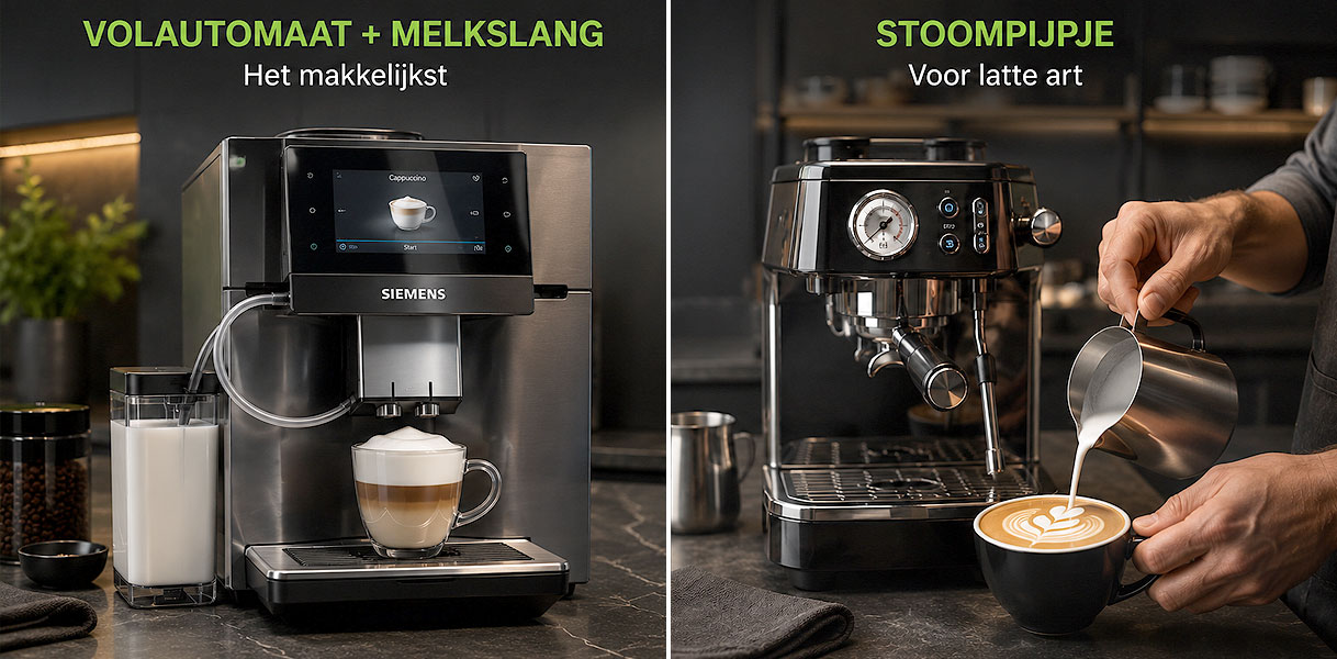 Volautomaat met melkslang naast een pistonmachine met stoompijpje voor latte art