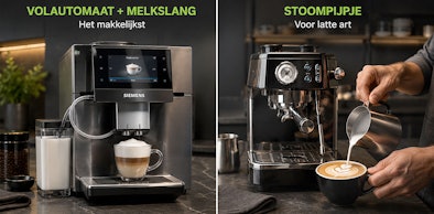 Volautomaat met melkslang naast een pistonmachine met stoompijpje voor latte art