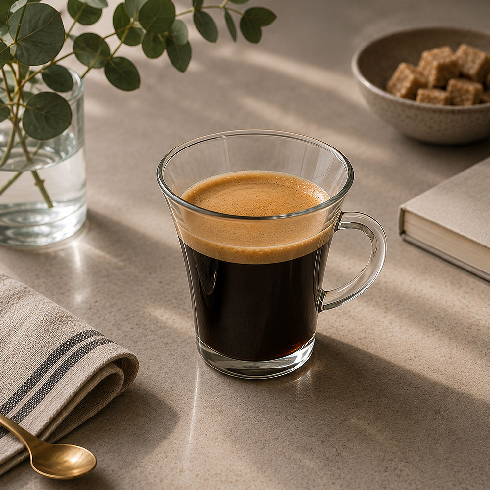 Long black in een hoog glas met cremalaag