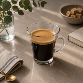 Long black in een hoog glas met cremalaag