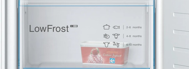 Low-Frost vriezer met voedselpictogrammen en aanbevolen bewaartijden.