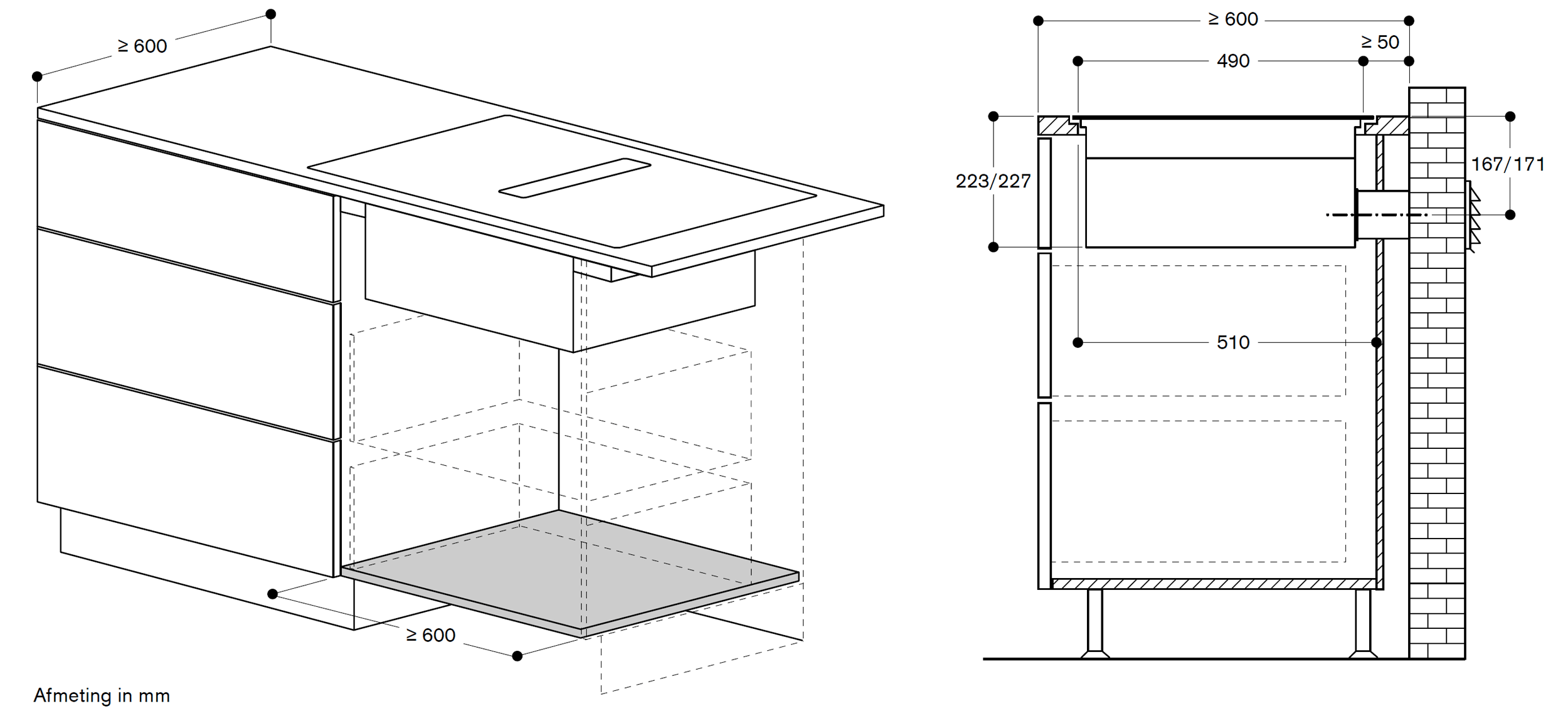 Inbouwsituatie luchtafvoer: 60 cm diep werkblad (direct naar buiten)