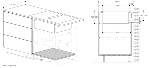 Inbouwsituatie luchtafvoer: 60 cm diep werkblad (direct naar buiten)