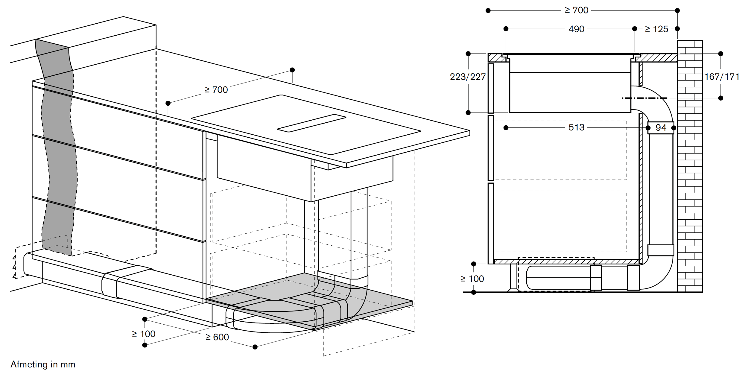 Inbouwsituatie luchtafvoer: 70 cm diep werkblad (naar buiten)