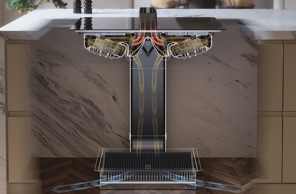 De Elevate kookplaat afzuiging gaat via luchtafvoer naar buiten of recirculatie.