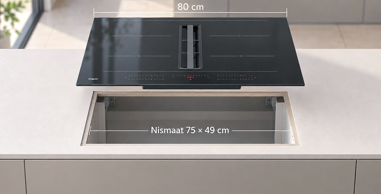 Pelgrim kookplaat met afzuiging van 80 cm boven uitsparing met nismaat van 75 bij 49 cm