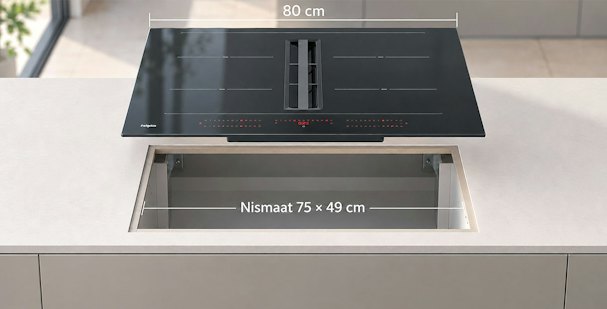 Pelgrim kookplaat met afzuiging van 80 cm boven uitsparing met nismaat van 75 bij 49 cm