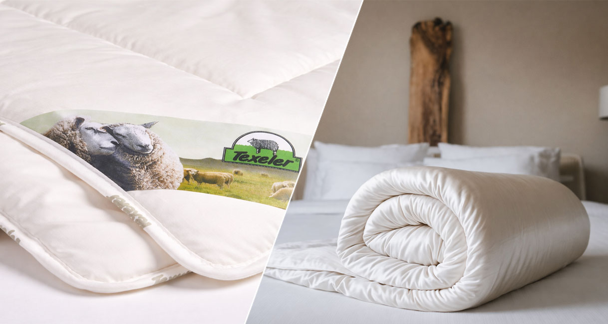 Wollen Texeler dekbed en opgerold wit dekbed die niet in de droger mogen vanwege krimp en hitteschade