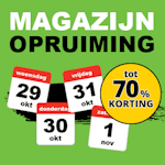 Kom op 29, 30, 31 oktober en 1 november naar onze eenmalige magazijn opruiming aan de Hoge Rijndijk 269 in Zoeterwoude-Rijndijk.
