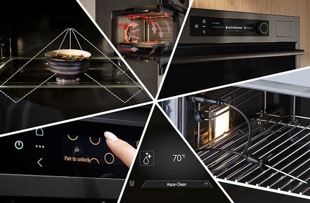 Collage van ATAG magnetron functies waaronder magnetronverwarming, touch bediening, Aqua Clean en grillstand