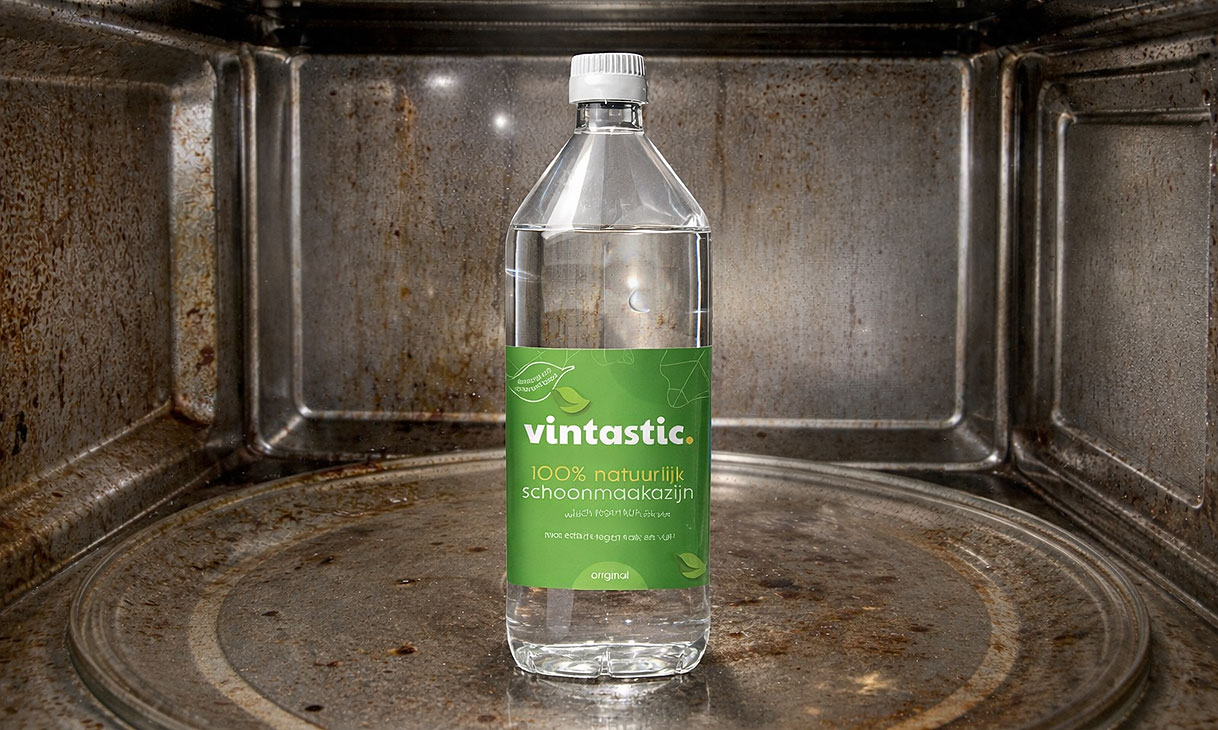 Fles Vintastic schoonmaakazijn in een vieze magnetron als effectief middel tegen aangekoekt vet en geurtjes