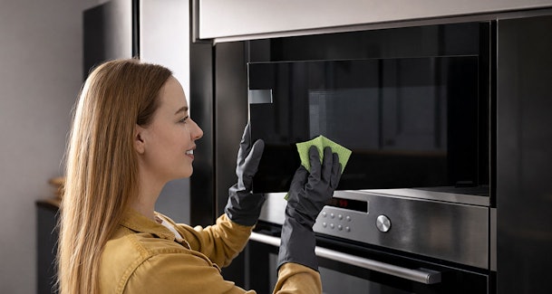 Vrouw die de buitenkant van een inbouw magnetron schoonmaakt met een groene doek en handschoenen