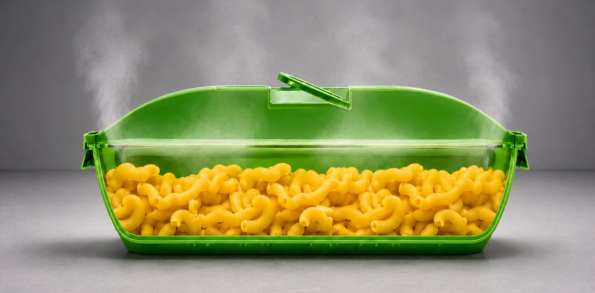 Stoombakje met deksel gevuld met macaroni waar aan de zijkanten stoom uit ontsnapt